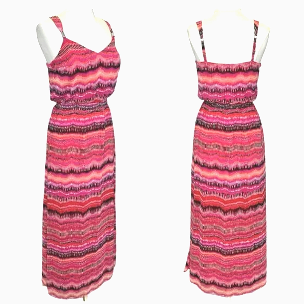 Women's Tribal Stripe Pink Cocktail Summer Maxi Sun Dress Medium